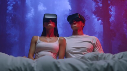 Young couple in VR headsets, immersed in a vibrant, futuristic digital forest from their bed. Perfect for metaverse, technology, and virtual experience themes.