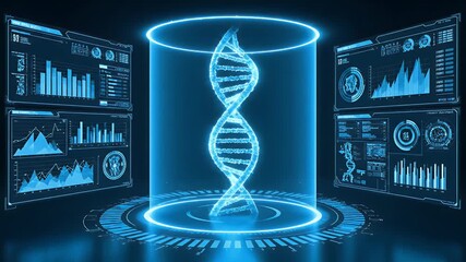 Futuristic DNA Helix Display with Data Analysis Screens. - Powered by Adobe