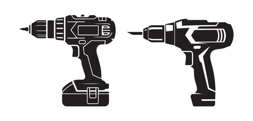 Set of drill bits and tools with vector illustration of cordless electric drill and screwdriver isolated on white background