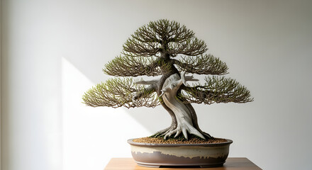 Exquisite Bonsai Tree with Lush Green Foliage and Twisted Trunk.