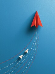 A vibrant image of a red paper airplane soaring against a blue background, with smaller white planes trailing behind, symbolizing creativity and flight.