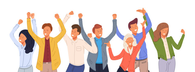 Excited diverse group of young adults raising hands and celebrating success, teamwork, or achievement with joy and enthusiasm. Vector