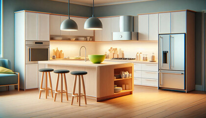 Contemporary Kitchen with Island and Pendant Lights