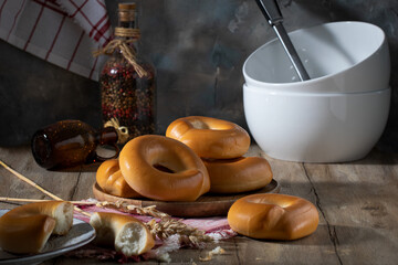 Fresh buns and home-made dishes on a village table