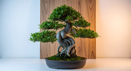 A meticulously shaped bonsai tree with a twisted trunk and lush green foliage.