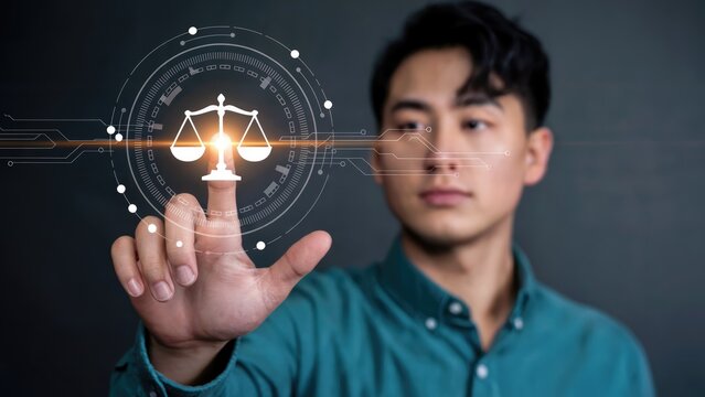Man interacts with futuristic digital scales of justice, symbolizing legal tech and fairness.
