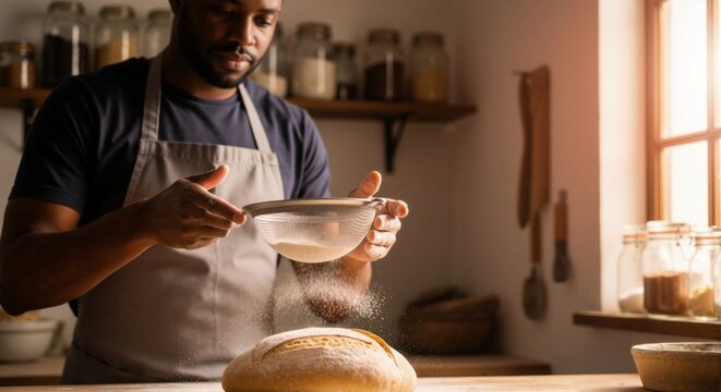 Male baker sifting flour over a fresh loaf of homemade bread. Black man in an apron cooking in a rustic kitchen with natural light. Artisan food and culinary hobby concept - Powered by Adobe