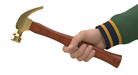 Isolated hand in green jacket holding a hammer tool, carpentry work in progress