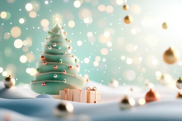 Obraz premium Festive christmas tree with twinkling lights and wrapped gifts in a cozy holiday setting