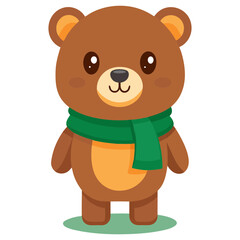 Fototapeta premium Adorable Brown Teddy Bear Wearing Green Scarf — Cute Christmas Winter Toy Vector Illustration