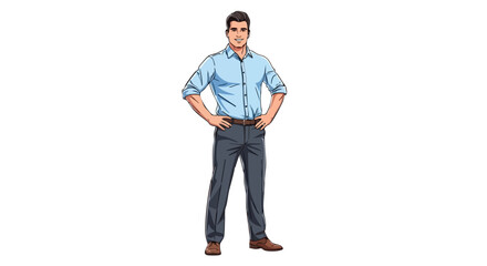 Cartoon illustration of a confident young businessman in a blue shirt standing with hands on hips, isolated on a white background