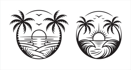 Tribal mask vector illustration with tropical beach sunset and palm tree silhouette design