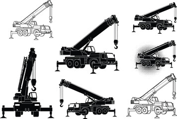 Mobile crane vector set, construction truck illustration, heavy equipment silhouette, industrial lifting machine, boom truck graphic, engineering transport design © Farzana
