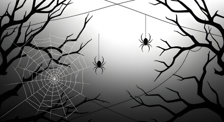 Banner blanco de Halloween con telaraña y arañas.