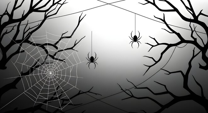 Banner blanco de Halloween con telara&ntilde;a y ara&ntilde;as.