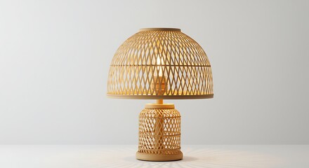Woven rattan table lamp with warm light and natural texture
