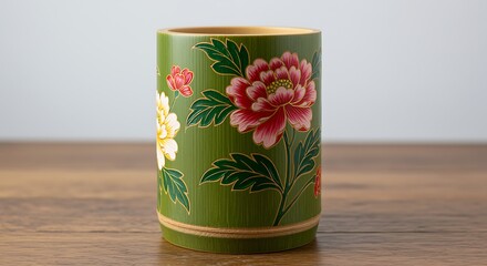 Green bamboo vase with painted peonies and leaves