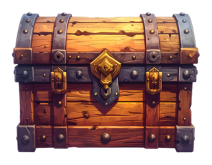 Wooden treasure chest with golden lock and ornate details, isolated on transparent background. Ideal for fantasy, gaming, and adventure-themed designs.