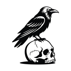 Fototapeta premium Black silhouette of a raven perched on a human skull against a white background