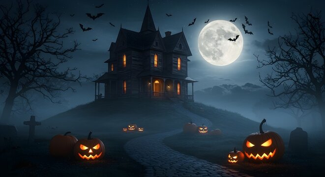 Fondo de Halloween con calabazas y casa embrujada.