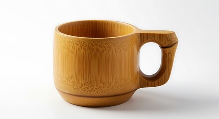 Rustic wooden mug with handle on white background