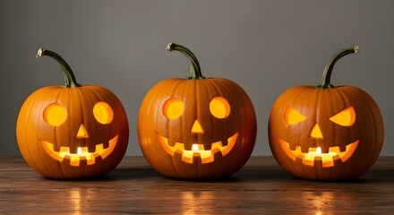 Tres calabazas talladas con luces brillantes y caras aterradoras, listas para la noche de Halloween, aisladas en un fondo transparente