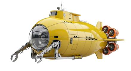 Isolated Yellow Submarine, a Fantastic Detailed Ocean Exploration Vessel for Sea Research