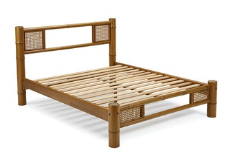Rustic wooden bed frame with slatted base and decorative headboard