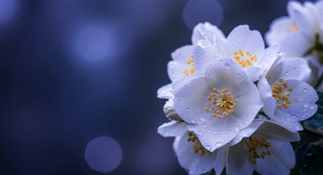 Close-up of white mock-orange flowers with water drops. Macro of fresh spring blossoms with morning dew on a dark blue background with copy space
