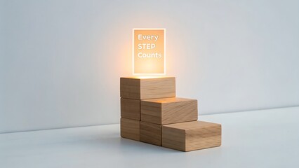 Wooden blocks arranged like steps displaying motivational message of every steps count