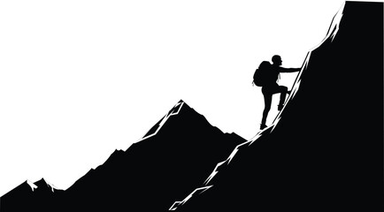 Silhouette of a lone climber ascending a steep, jagged mountain peak against a white background