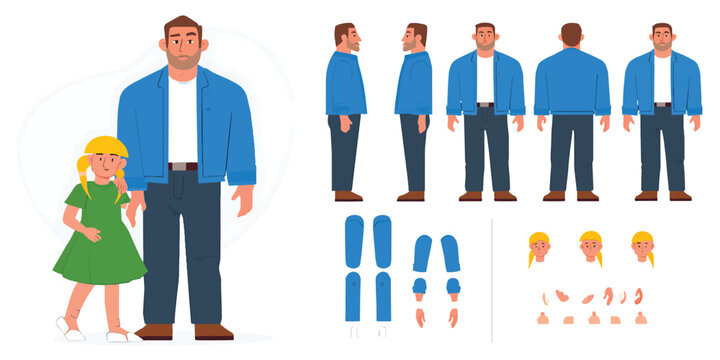 Cartoon father and daughter character set for animation with different poses and emotions
