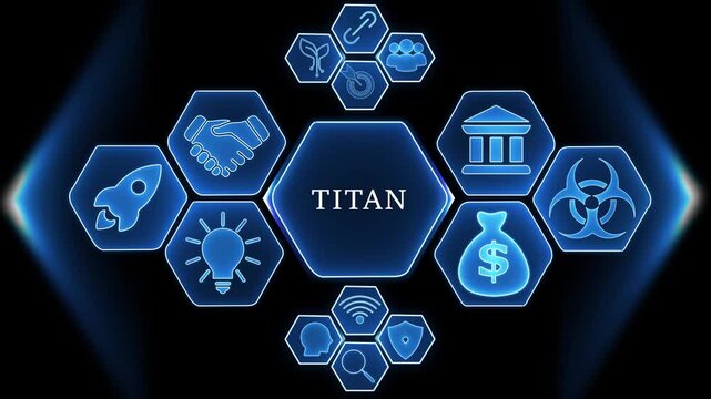 Hexagonal Network Of Business And Technology Icons With Central Word Titan connection communication