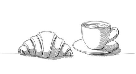 Start your day with a delicious croissant and coffee, sketched in beautiful minimalist style, perfect for menus, blogs, and social media marketing