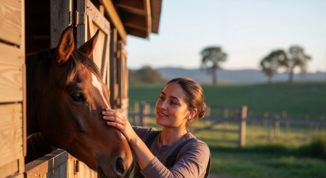 Young female farmer petting a brown horse in a stable at sunset. Rural equestrian lifestyle on a country farm. Human and animal connection concept - Powered by Adobe