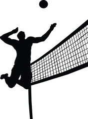 Silhouette of a volleyball player spiking the ball over the net