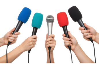 Press Conference Frenzy: Multiple Hands Holding Microphones Awaiting Interview, Journalism, Media Event, News Reporting, Public Announcement, Questioning, Black Background.