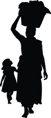 Silhouette of a woman carrying a basket on her head with a child walking beside her