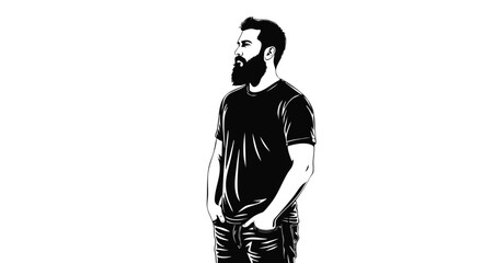 Bearded Man in Black T-Shirt Modern, Confident, Minimalist Portrait in Vector Style