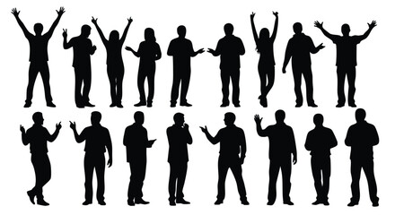 Diverse collection of dynamic human silhouettes representing a vibrant group of men and women in various active and standing poses, perfect for modern design elements and conceptual projects