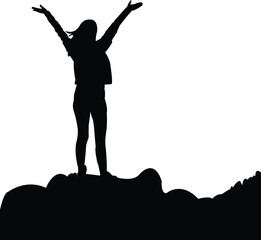 Silhouette of a Woman with Arms Raised in Triumph on a Hilltop