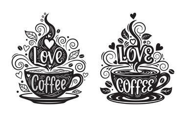 Love Coffee Cup Illustration &ndash; Romantic Hand Drawn Coffee Art with Heart and Steam Swirls