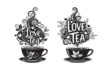 Love Tea Illustration &ndash; Romantic Hand Drawn Tea Cup with Decorative Steam, Hearts and Leaves