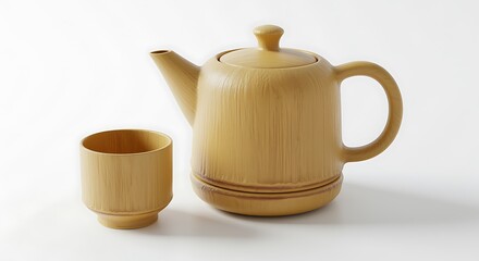 Traditional japanese wooden teapot and cup set on white background