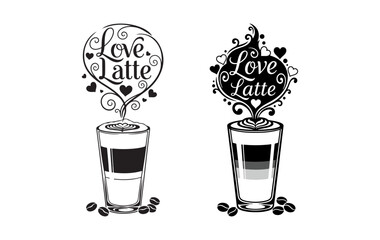 Love Latte Artwork &ndash; Romantic Hand Drawn Latte Coffee Cup with Hearts and Decorative Steam