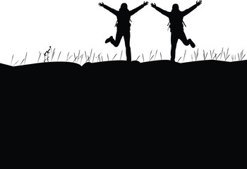 Two Silhouetted Hikers Celebrate on a Hilltop with Arms Raised