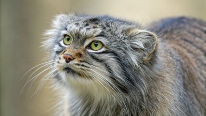 Close Up of Pallas Cat With Thick Gray Fur and Intense Yellow Green Eyes