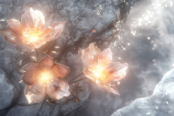 光を放つ幻想的な花が咲く幻想世界のイメージ