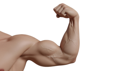 Isolated flexing arm with muscles, veins, and tendons for human anatomy or bodybuilding