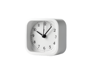 A white clock with black hands and numbers isolated on transparent background